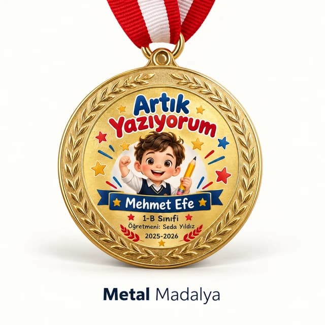 Eskişehir'de birinci sınıflar için isim baskılı Artık Yazıyorum madalyası