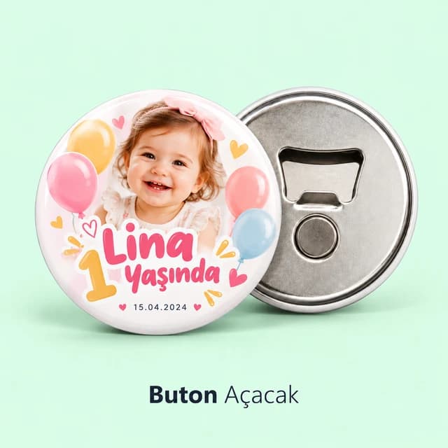 Eskişehir'de 1 yaş doğum günü için fotoğraflı hediyelik buton açacak