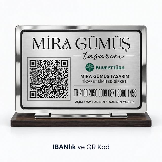 Eskişehir'de takı atölyesi için gümüş rengi IBAN ve QR kod standı