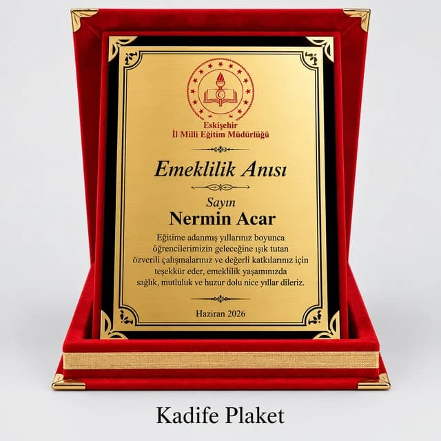 Kırmızı kadife kutulu emeklilik plaketi örneği