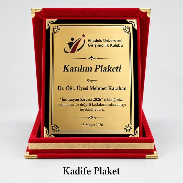 Kırmızı kadife kutulu katılım plaketi örneği