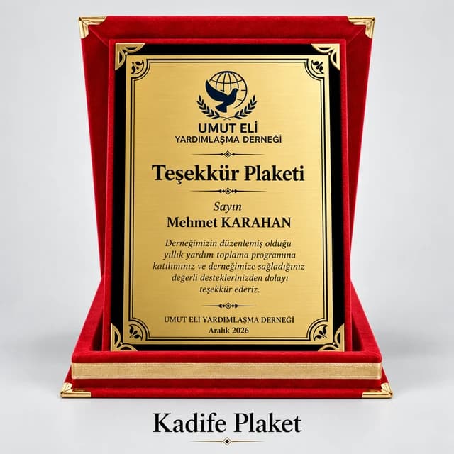 Kırmızı kadife kutulu teşekkür plaketi örneği