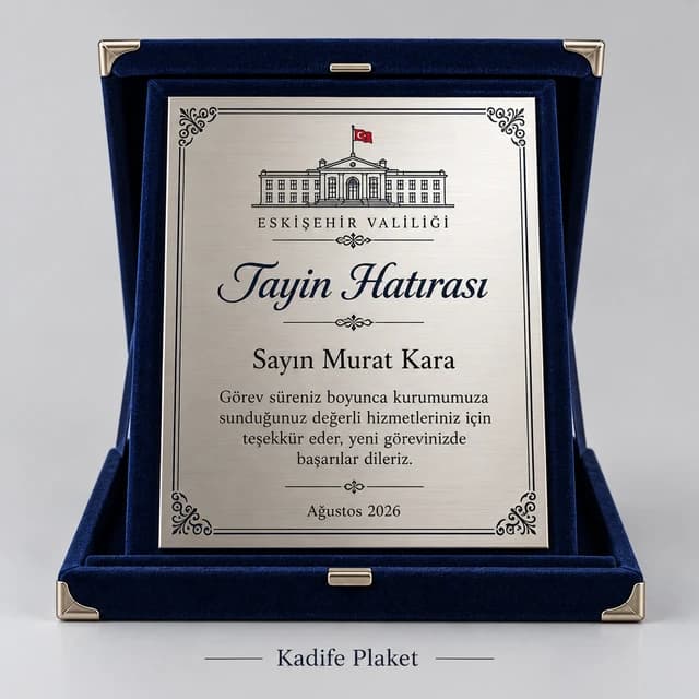 Lacivert kadife kutulu tayin hatırası plaketi örneği