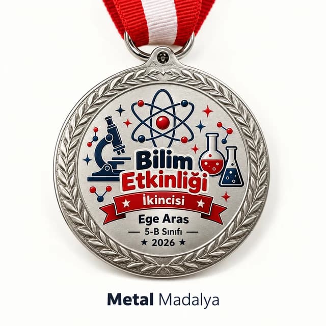 Eskişehir'de okul bilim etkinliği için öğrenci adı baskılı gümüş renk madalya
