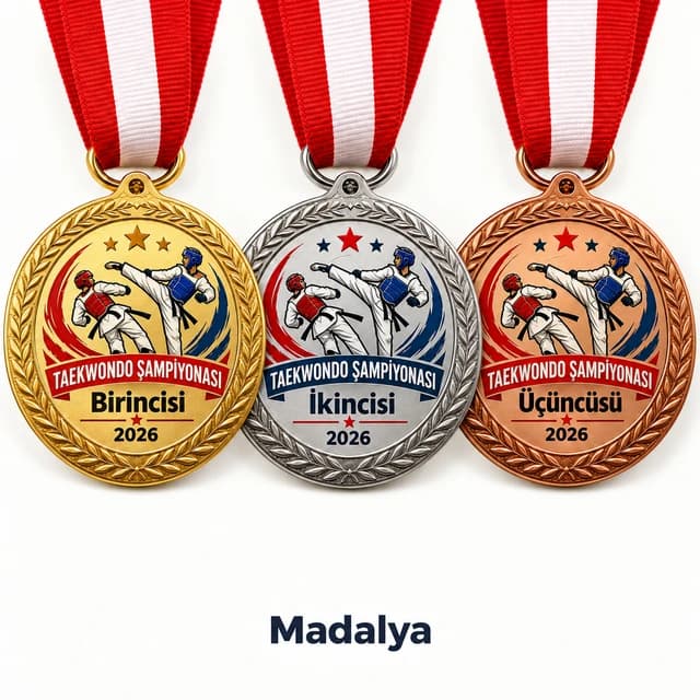 Eskişehir taekwondo şampiyonaları için altın, gümüş ve bronz renk madalya seti