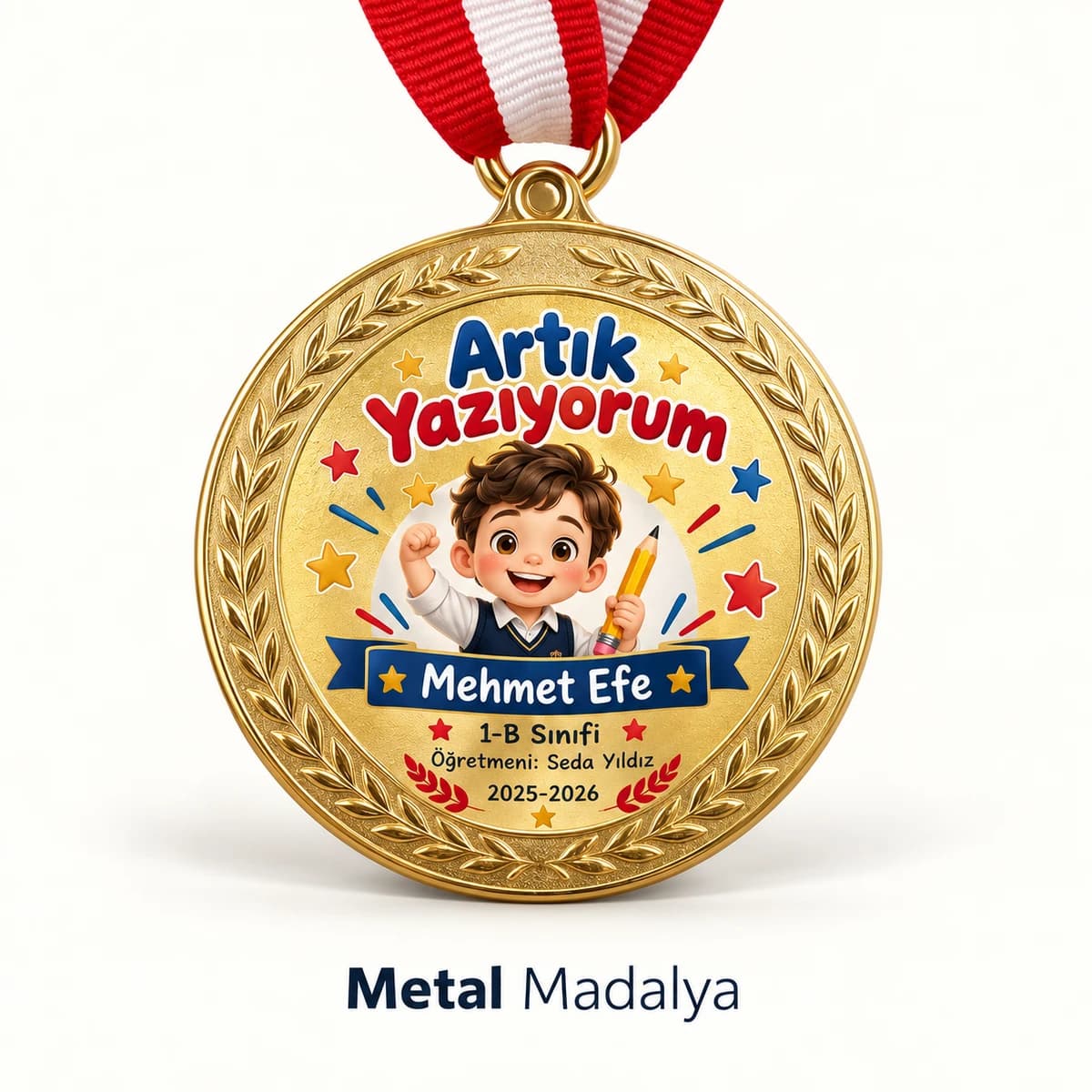 Eskişehir'de birinci sınıflar için isim baskılı Artık Yazıyorum madalyası