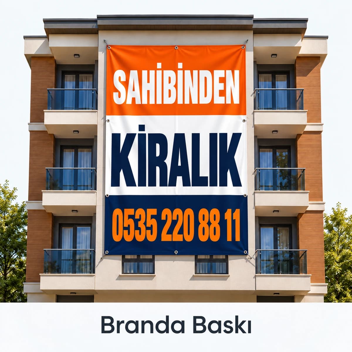 Eskişehir'de apartman cephesine asılan sahibinden kiralık daire brandası