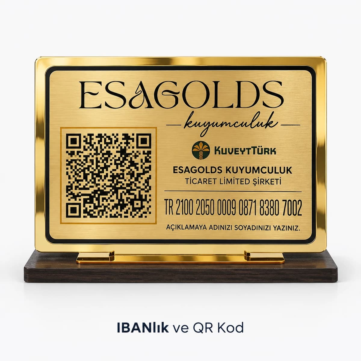 Eskişehir'de kuyumcu tezgahı için altın sarısı IBAN ve QR kod standı