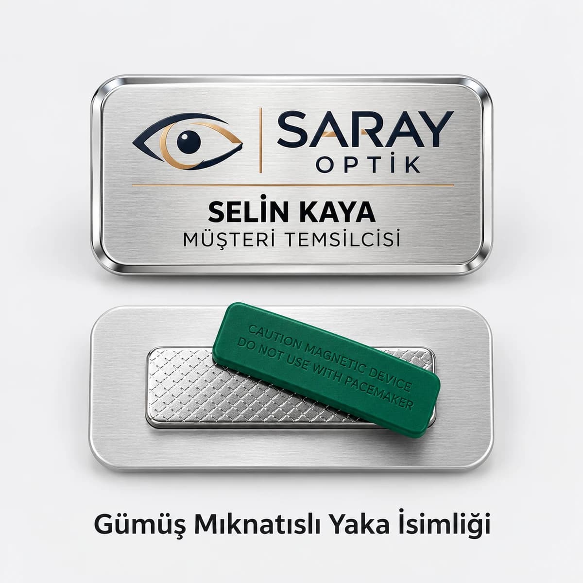 Eskişehir'de optik mağazası personeli için mıknatıslı yaka isimliği