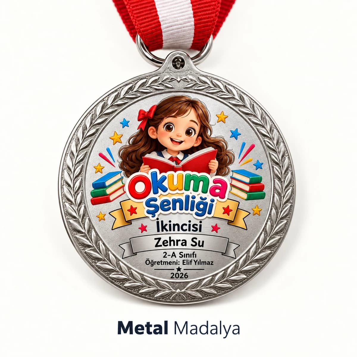 Eskişehir'de okuma şenliği için öğrenci adı baskılı gümüş renk madalya
