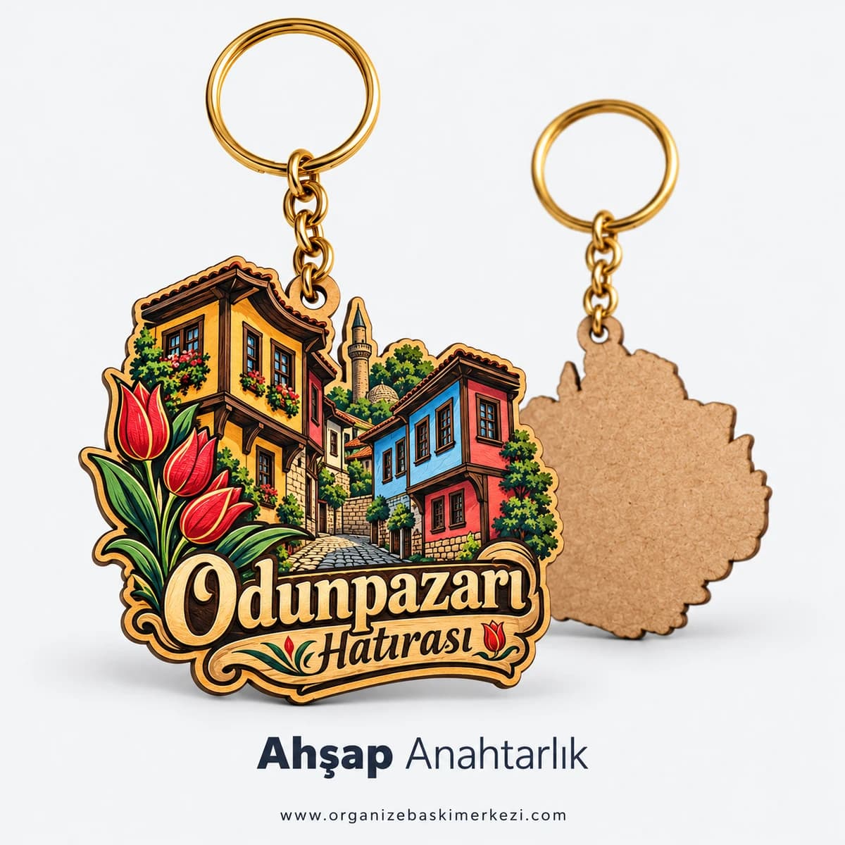Odunpazarı hatırası yazılı, tarihi Eskişehir evleri çizimli ahşap anahtarlık