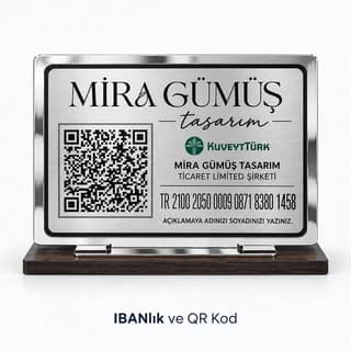 Eskişehir'de takı atölyesi için gümüş rengi IBAN ve QR kod standı