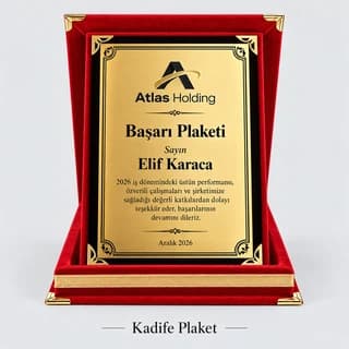 Kırmızı kadife kutulu başarı plaketi örneği