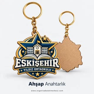 Eskişehir'de ortaokul için arma şeklinde kesilmiş ahşap okul anahtarlığı
