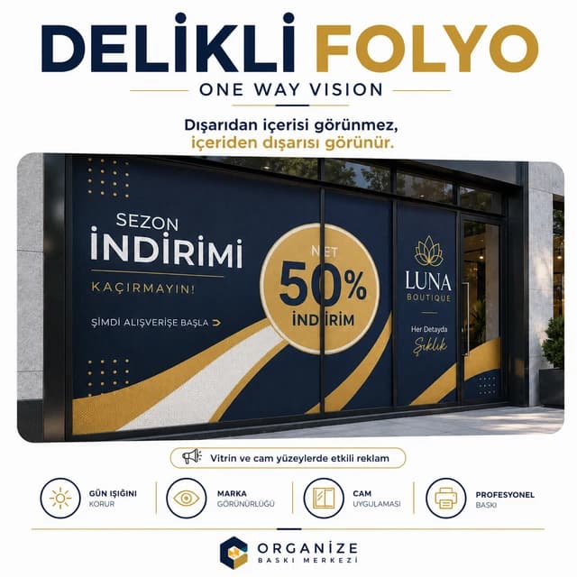 Mağaza camına uygulanmış one way vision delikli folyo