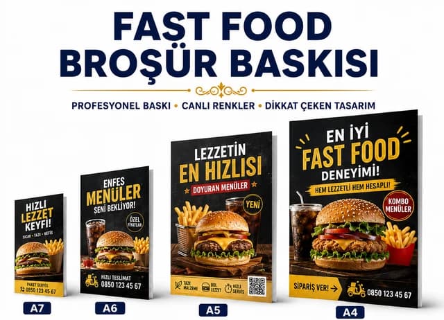 Fast food broşür baskı örnekleri, A7, A6, A5 ve A4 ebat