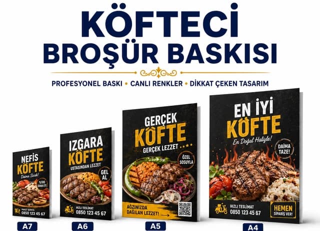 Köfteci broşür baskı örnekleri, A7, A6, A5 ve A4 ebat