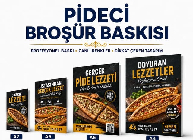 Pideci broşür baskı örnekleri, A7, A6, A5 ve A4 ebat