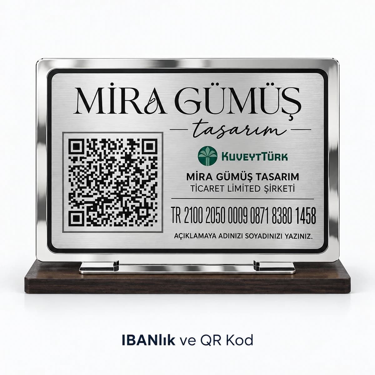 Gümüş IBAN ve QR Kod Standı Eskişehir'de takı atölyesi için gümüş rengi IBAN ve QR kod standı