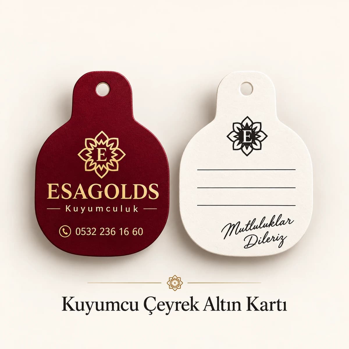 Kuyumcu Logolu Altın Kartı Eskişehir'de kuyumcu adı ve telefonu baskılı bordo altın kartı