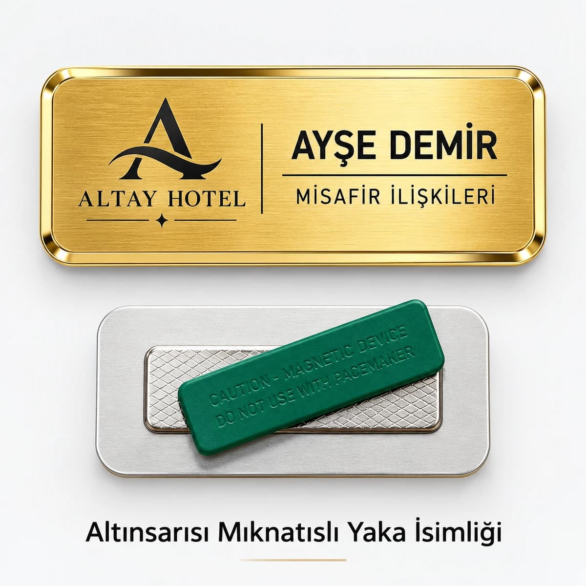 Otel Personeli Yaka İsimliği Eskişehir'de otel personeli için altın sarısı mıknatıslı yaka isimliği
